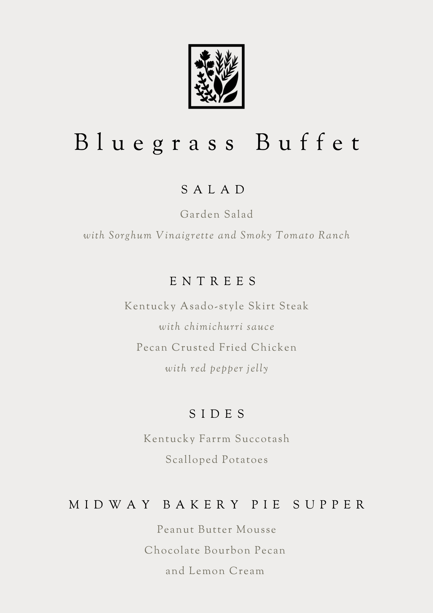 Menu from Bluegrass Buffet featuring salad, entrees, sides, and a dessert pie, with a decorative logo at the top.