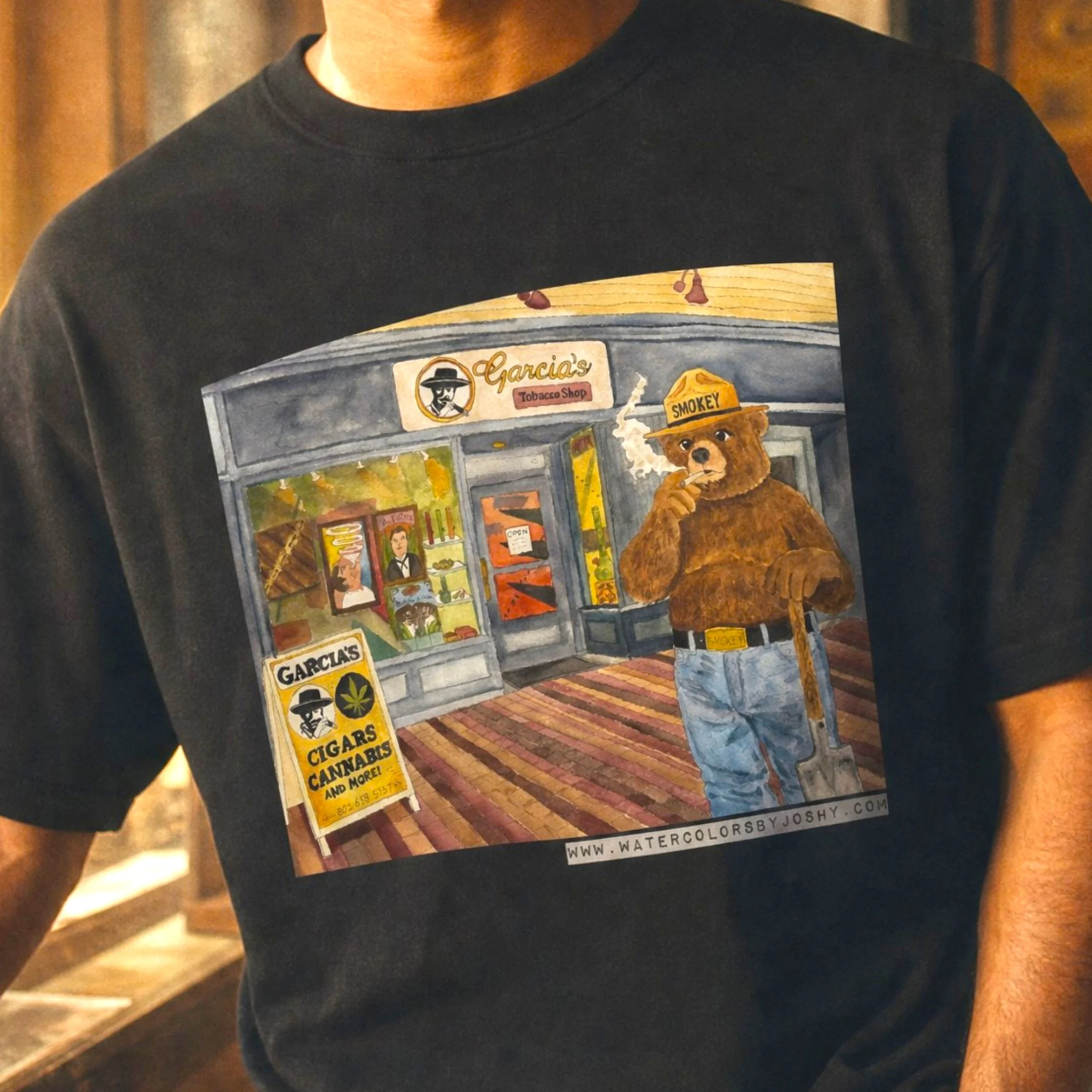 Smokey’s Smoke Break at Garcia’s | Burlington VT Retro Watercolor Cotton Tee