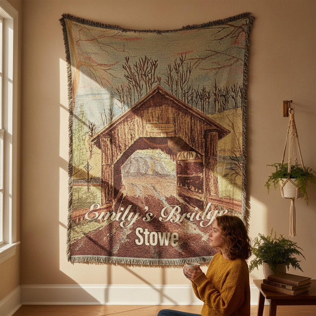 Emily’s Bridge Stowe Watercolor Woven Blanket 60x80” (Woven, not Printed)