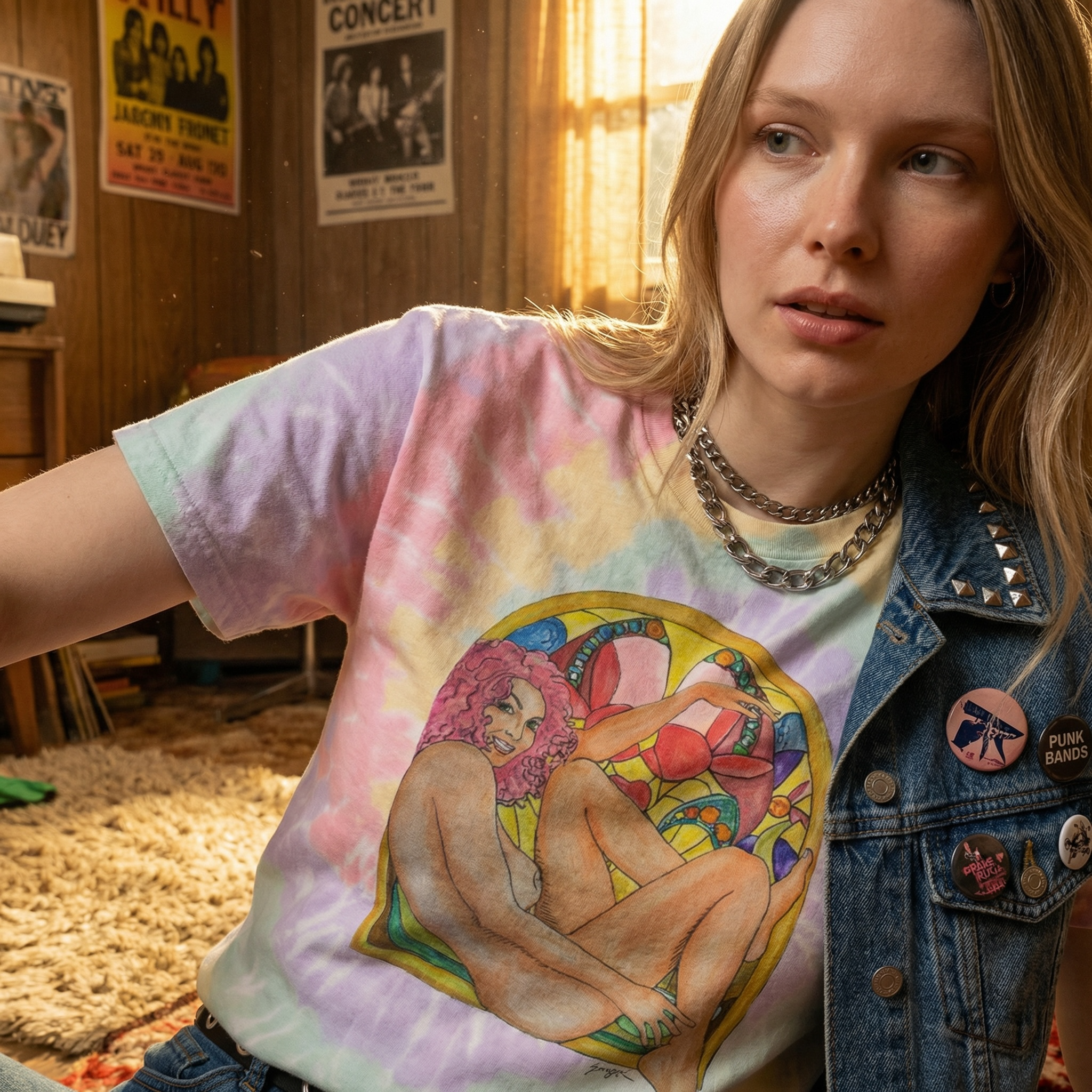 Retro Watercolor Stained Glass 70s Pin-Up Tie-Dye T-Shirt