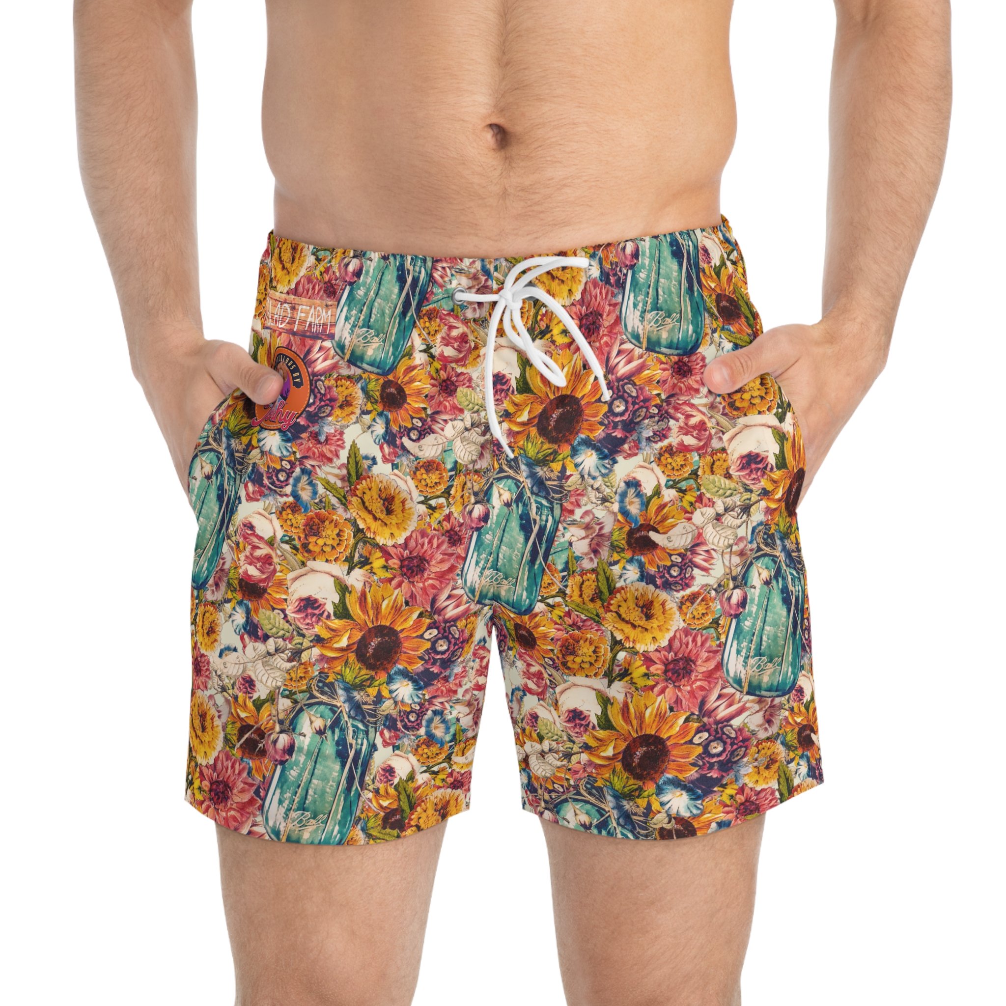 Watercolor Mason Jar Bouquet Swim Trunks - Vintage-Inspired Floral Men's Mid-Length Swim Shorts