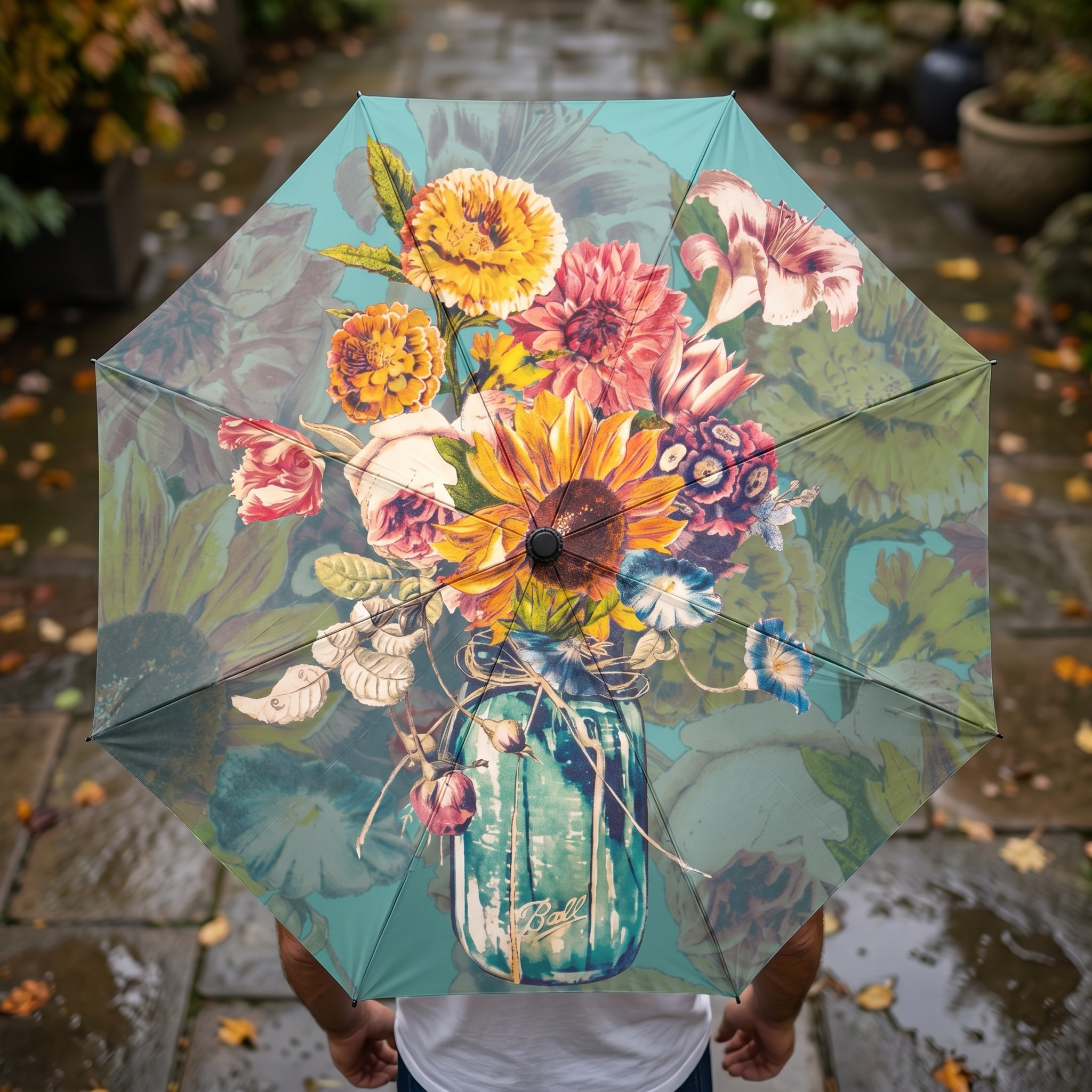 Mason Jar Bouquet Midnight Teal Compact Automatic Umbrella