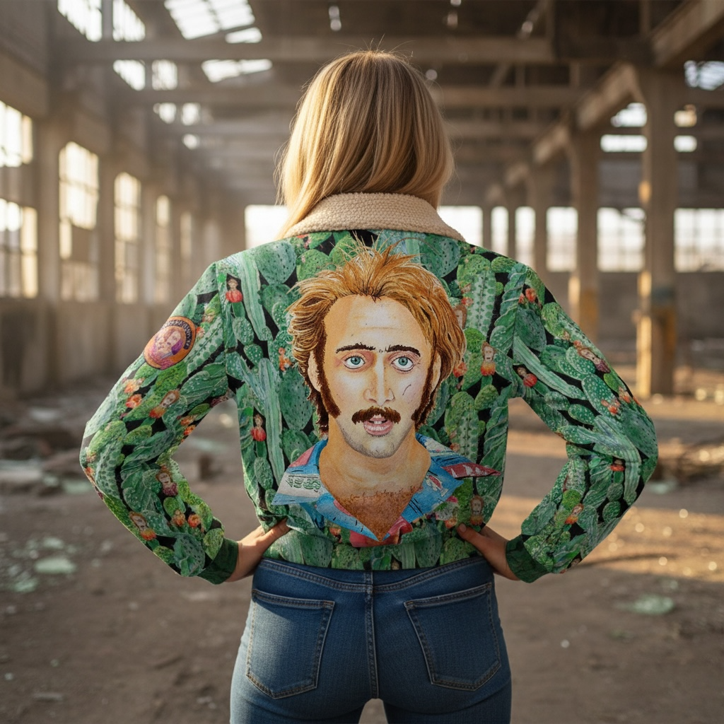 Nicolas Cage "Raising Arizona" Cactus Acid Trip Women's Fleece Trucker Jacket