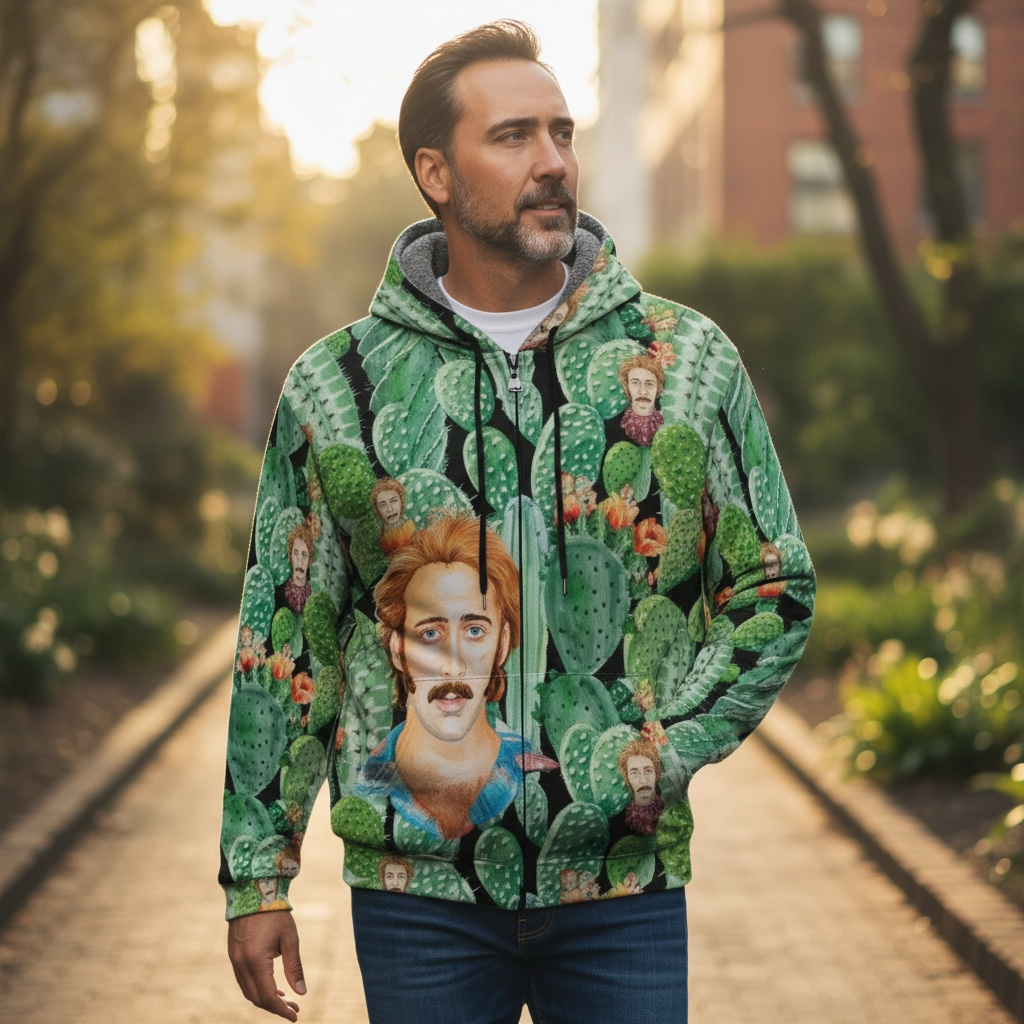 Nicolas Cage “Raising Arizona” Cactus Acid Trip Scuba-Knit Fleece Lined Full-Zip Hoodie