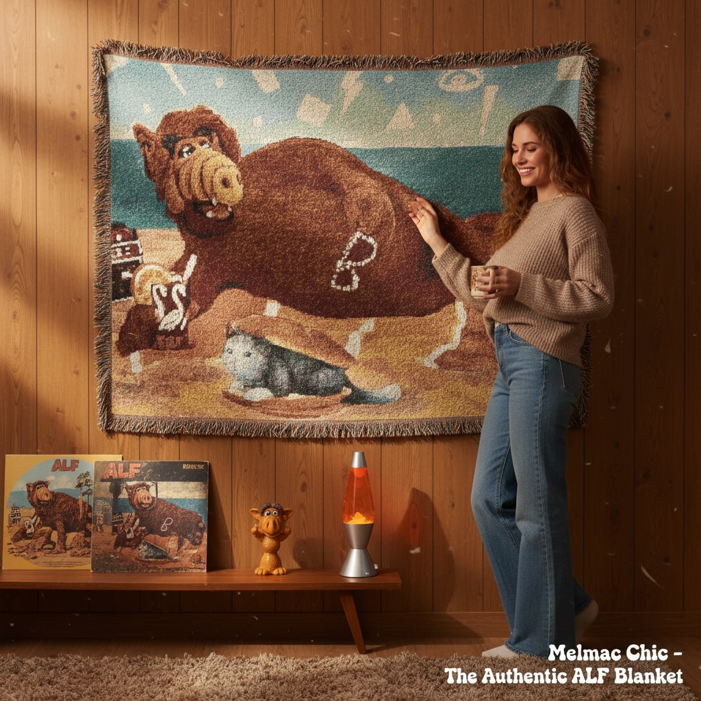 Retro Beach Vibes ALF Woven Blanket - 80s Alien Life Form with Cat Sandwich Throw