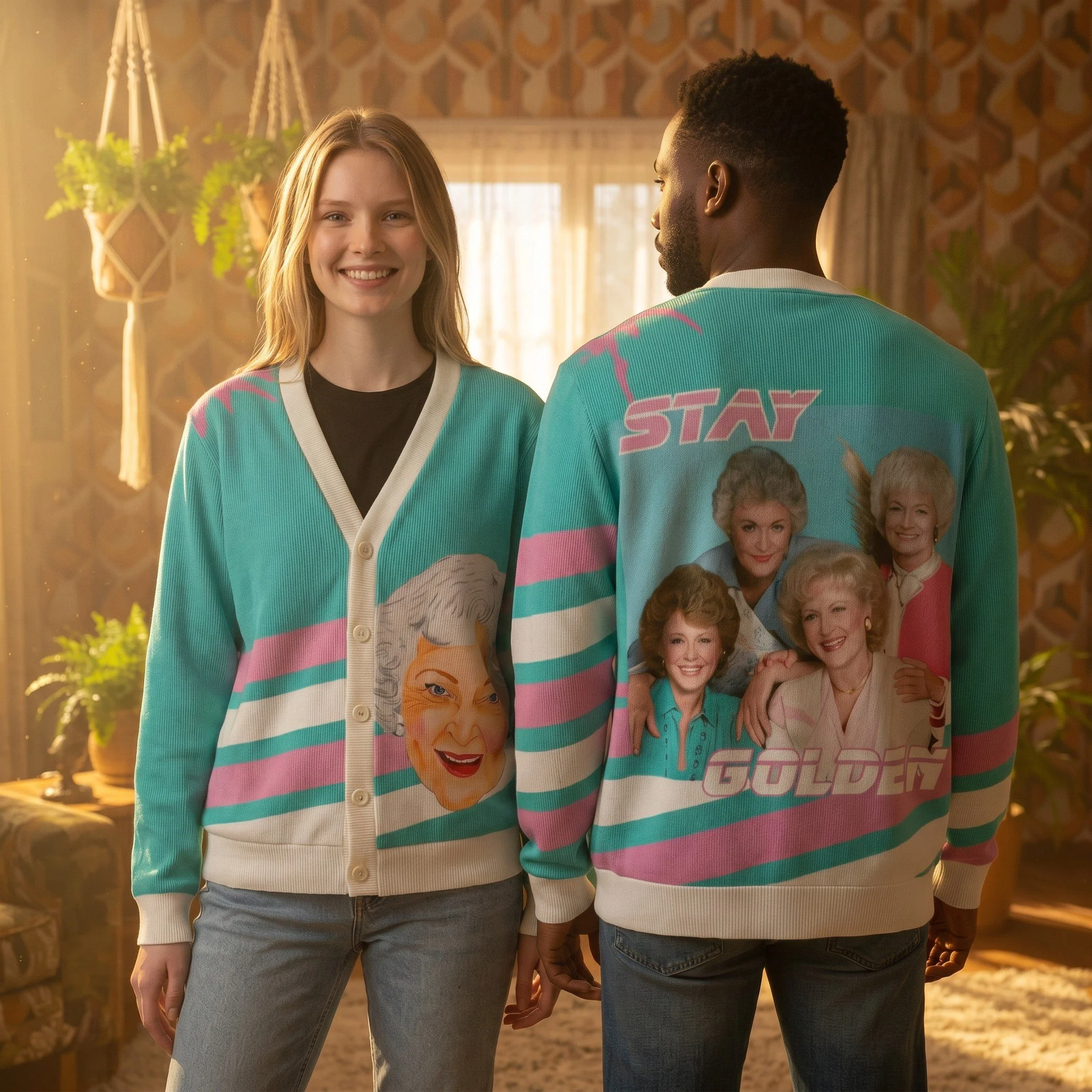 Betty White “Stay Golden” Miami Pink & Turquoise Corduroy Cardigan