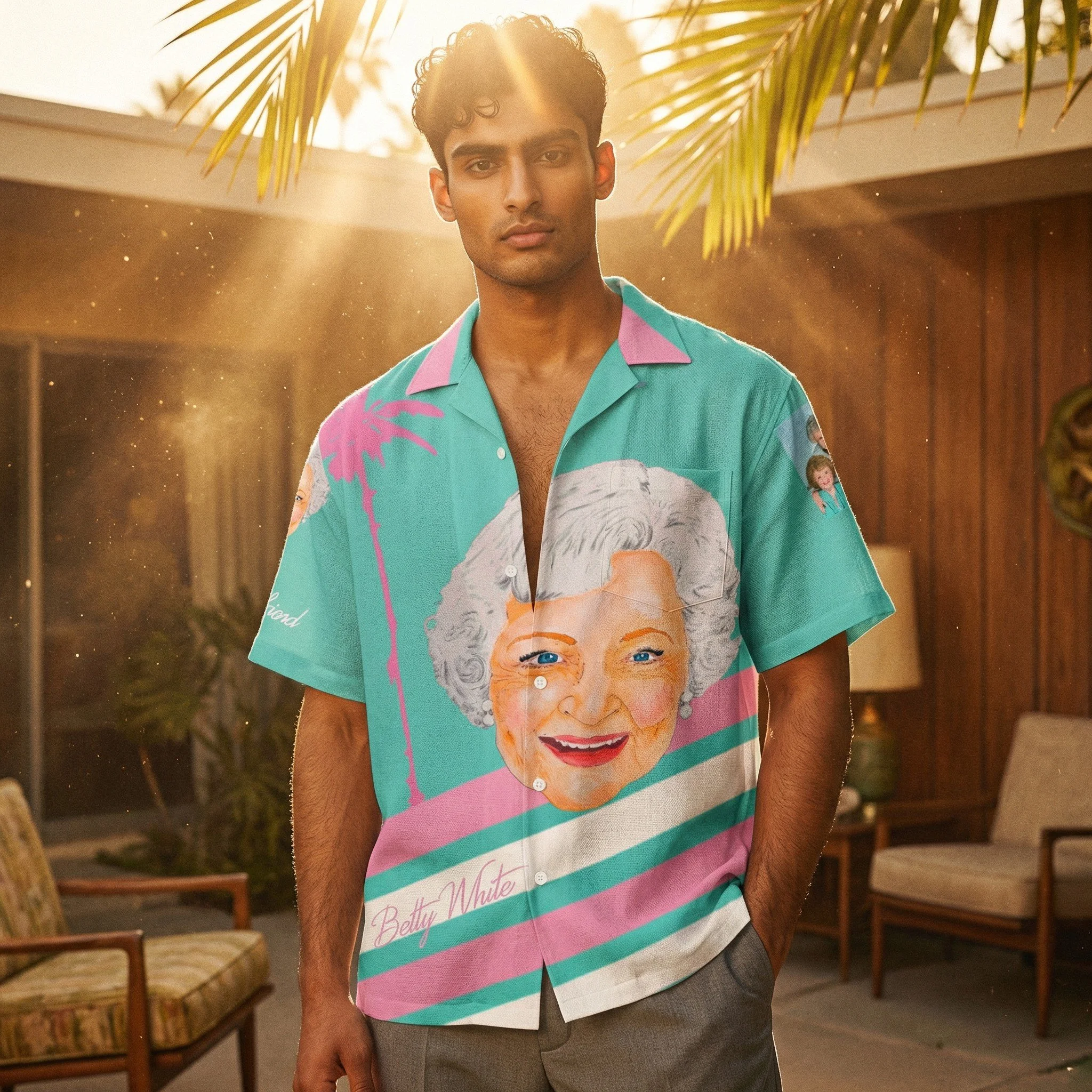 The Stay Golden Betty White Miami Pink & Turquoise Hawaiian Shirt