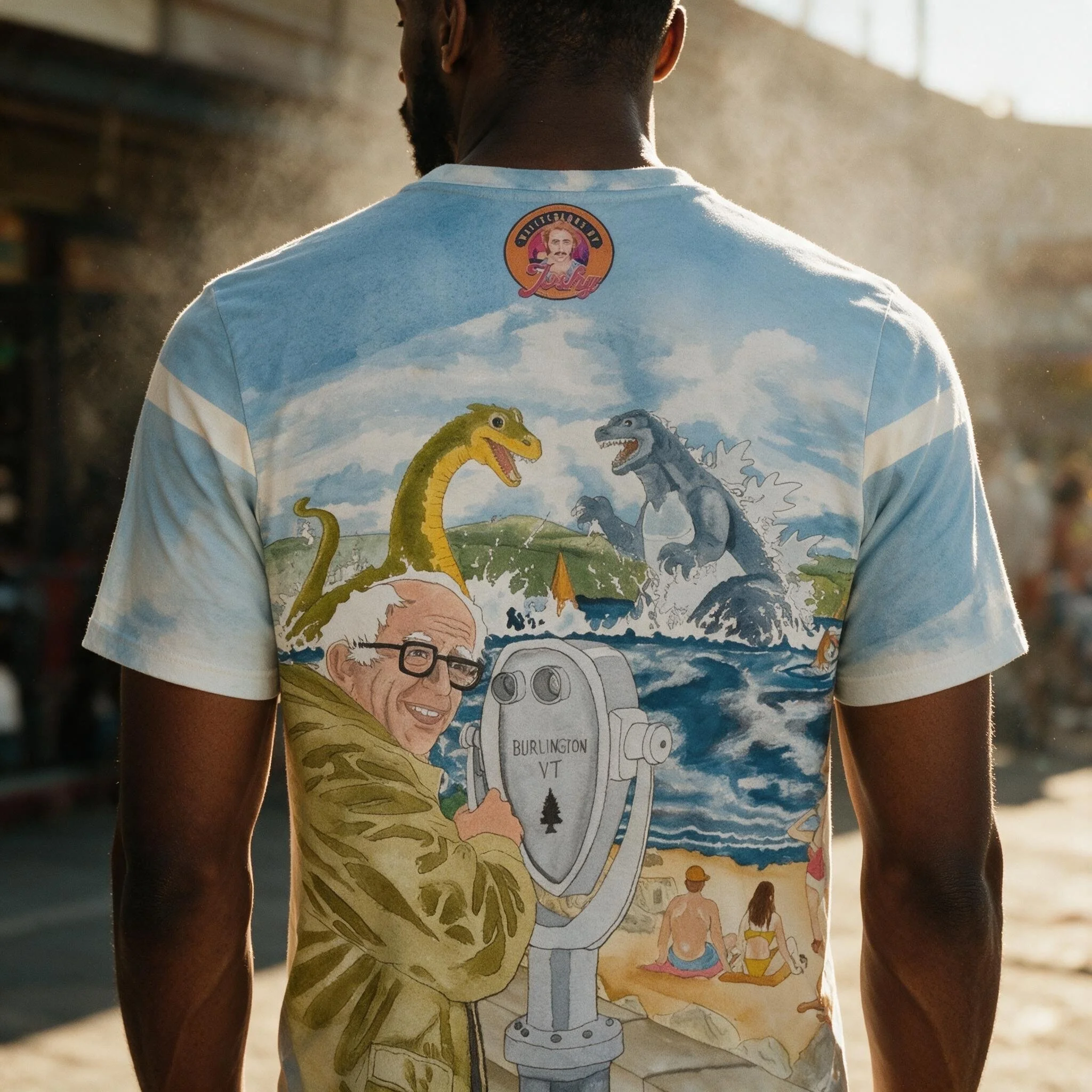 Champ vs. Godzilla on Lake Champlain 100% Cotton Tee | Bernie Sanders Burlington VT