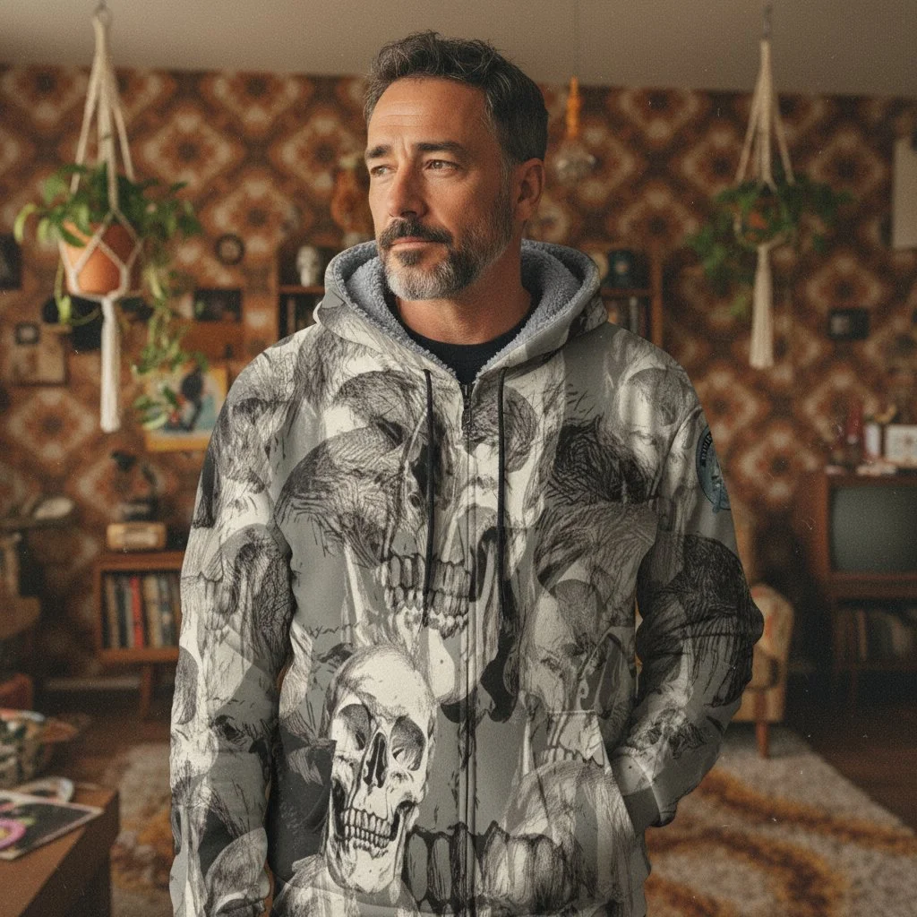 Layered Skull Sketch Scuba-Knit Fleece-Lined Full-Zip Hoodie