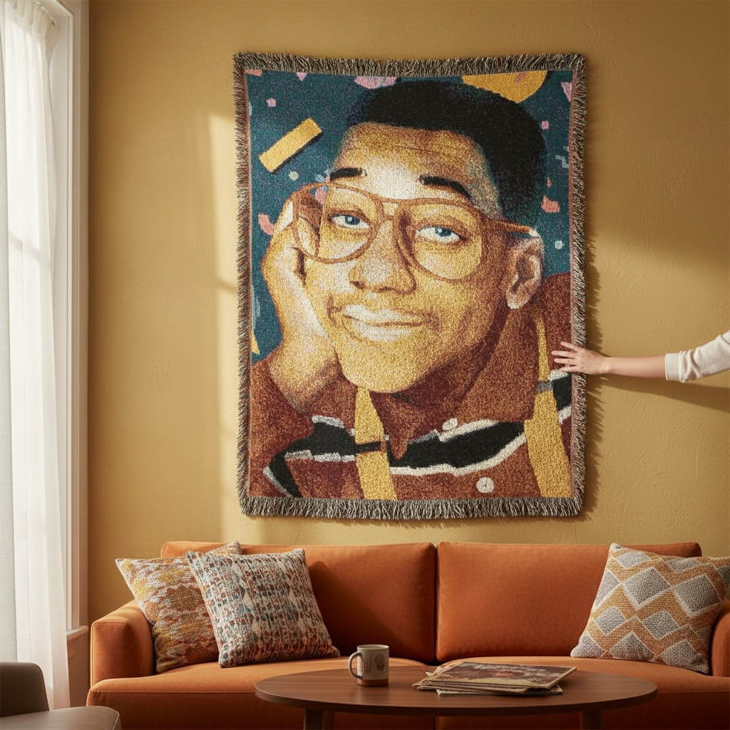 90s Steve Urkel Nostalgic Woven Blanket - Cozy Family Matters TGIF Home Décor