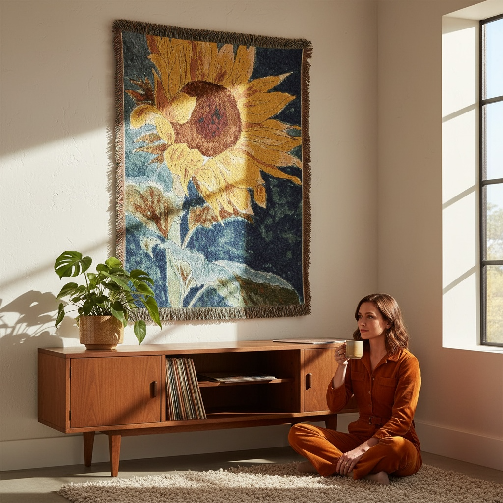 Sunflower Watercolor Woven Blanket - Cozy Home Decor for Nature Lovers