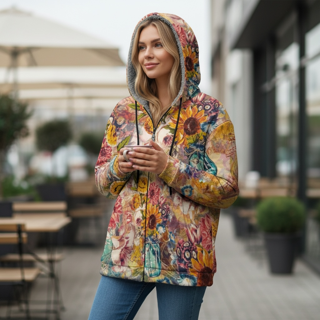 Mason Jar Bouquet Fleece-Lined Scuba-Knit Full-Zip Hoodie