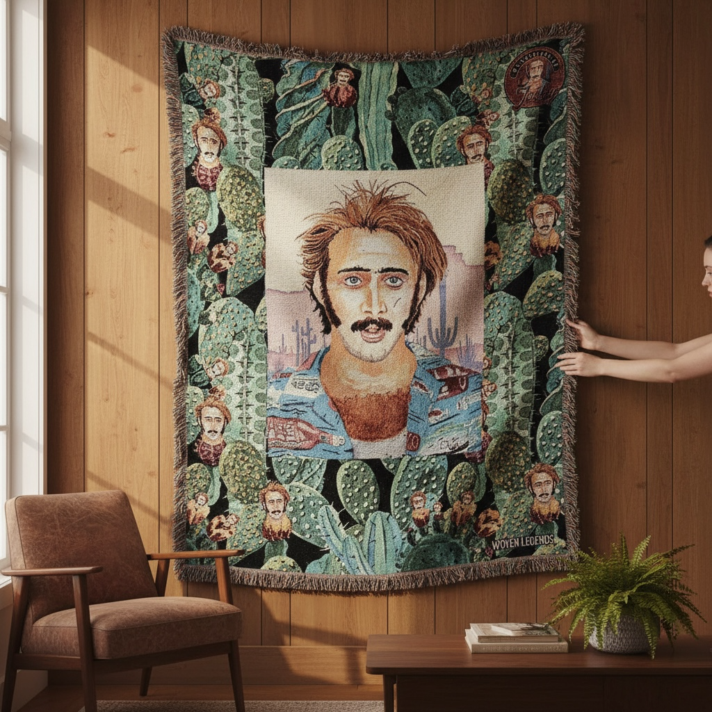 Retro Nicolas Cage “Raising Arizona” Watercolor Woven Blanket 60x80”