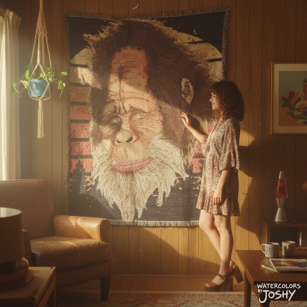 Harry & the Henderson’s Retro Bigfoot Forest Sunset Watercolor Woven Blanket 80x60”