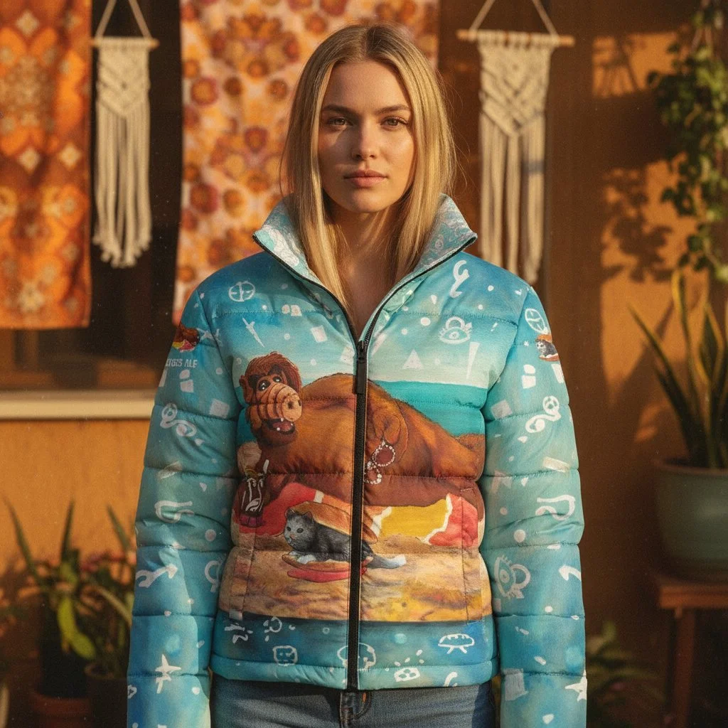 Man wearing a Hawaiian shirt featuring a watercolor portrait of Harry from Harry and the Hendersons with a vintage-inspired green and orange floral pattern. Harry’s face appears large on both the front and back of the shirt.