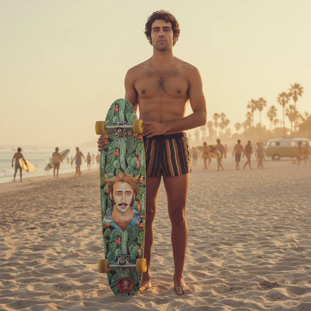 Surreal Nicolas Cage “Raising Arizona” Cactus Acid Trip Longboard Deck + Optional Grip Tape