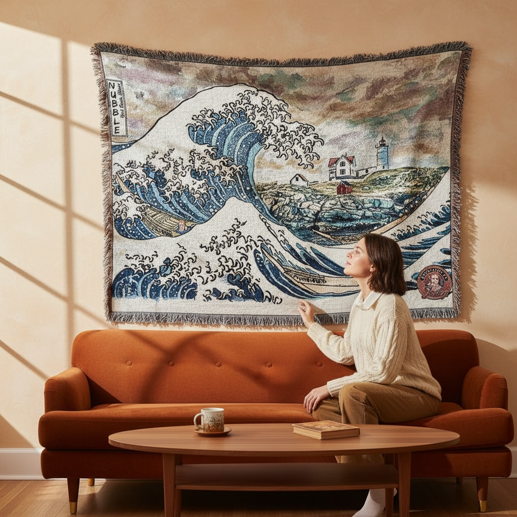 The Great Wave Off Nubble Lighthouse Watercolor Woven Blankets