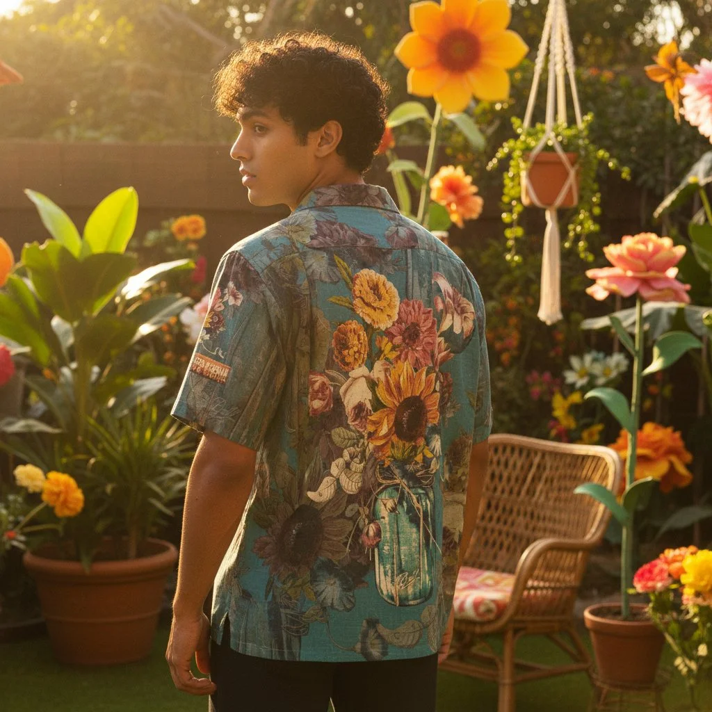 Midnight Teal Mason Jar Bouquet Hawaiian Shirt