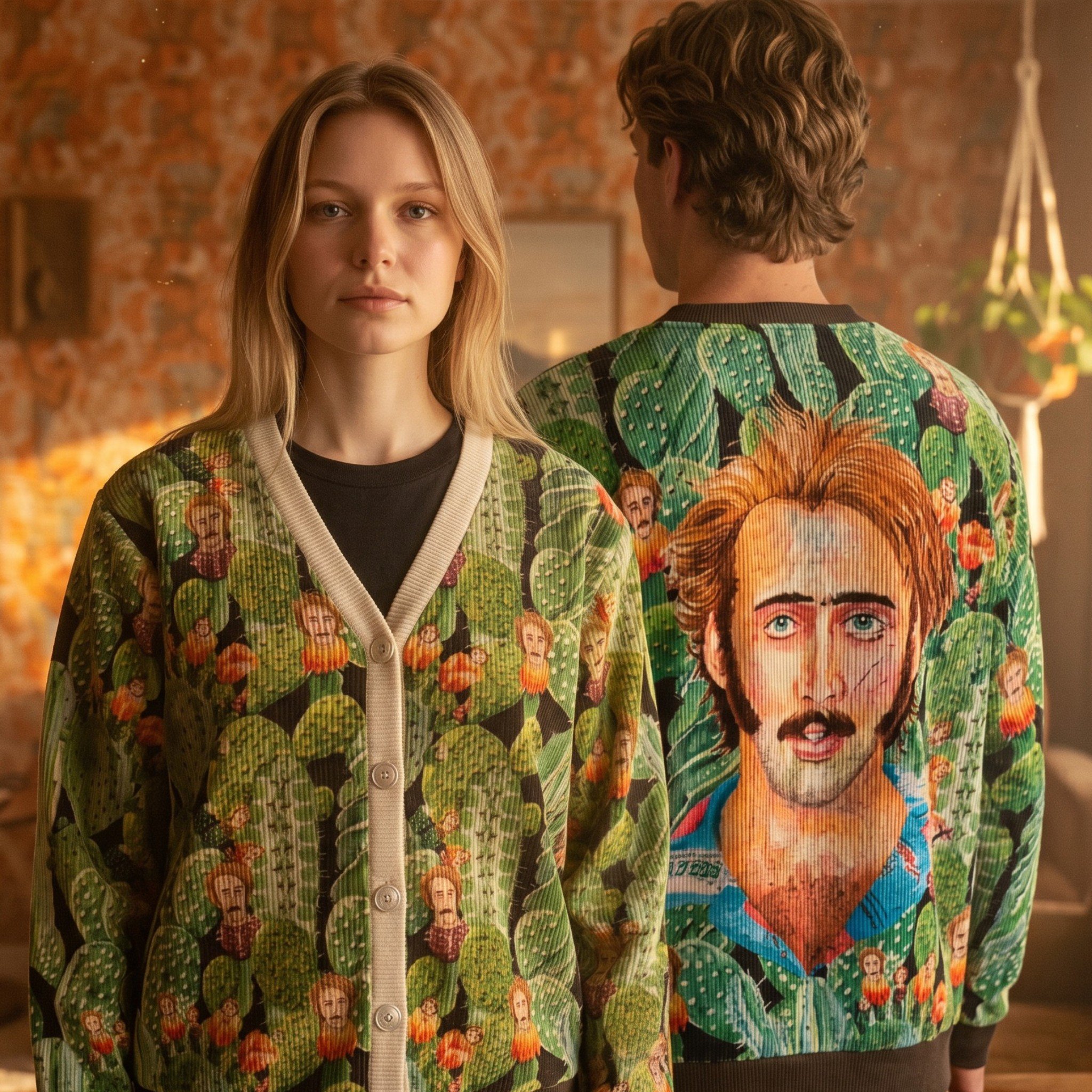 Nicolas Cage Raising Arizona Cactus Acid Trip Corduroy Cardigan