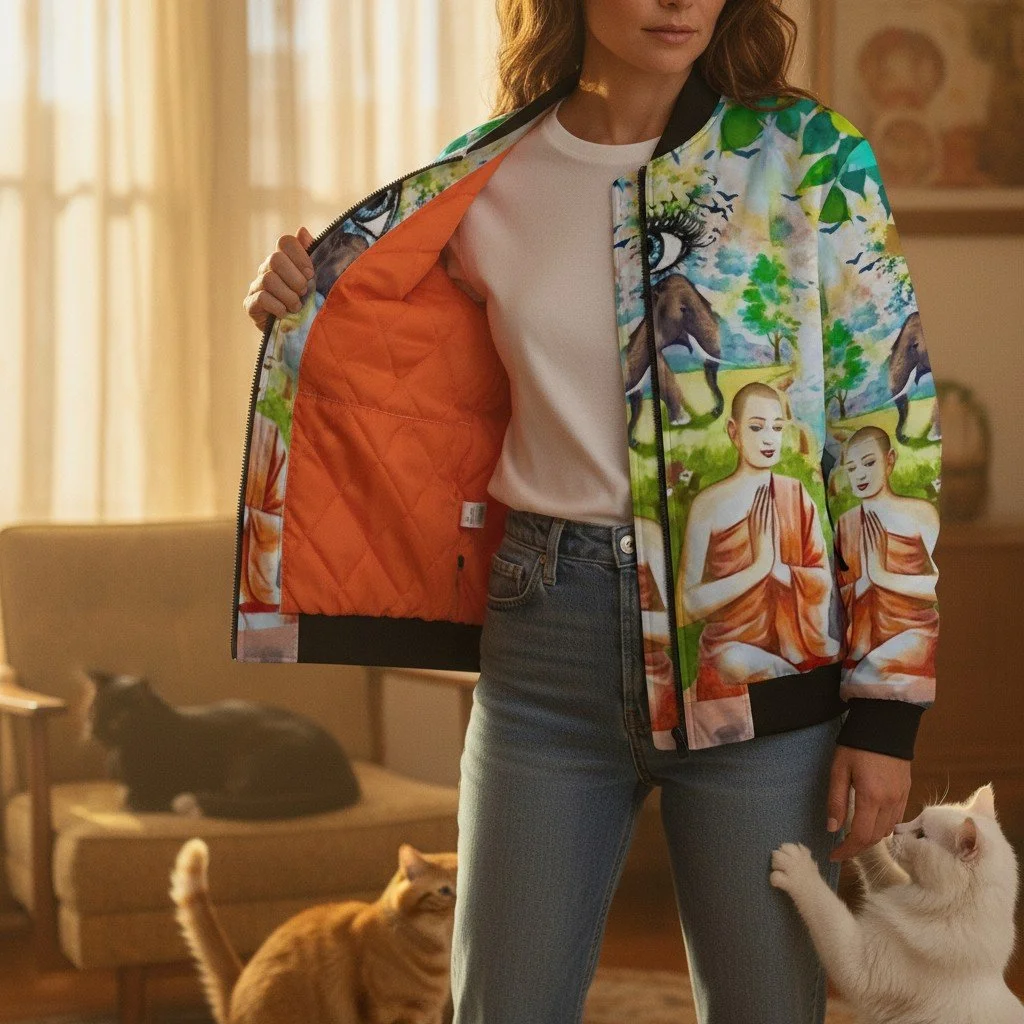 Psychedelic Zen Cat Bomber Jacket [Orange Quilted Lining]