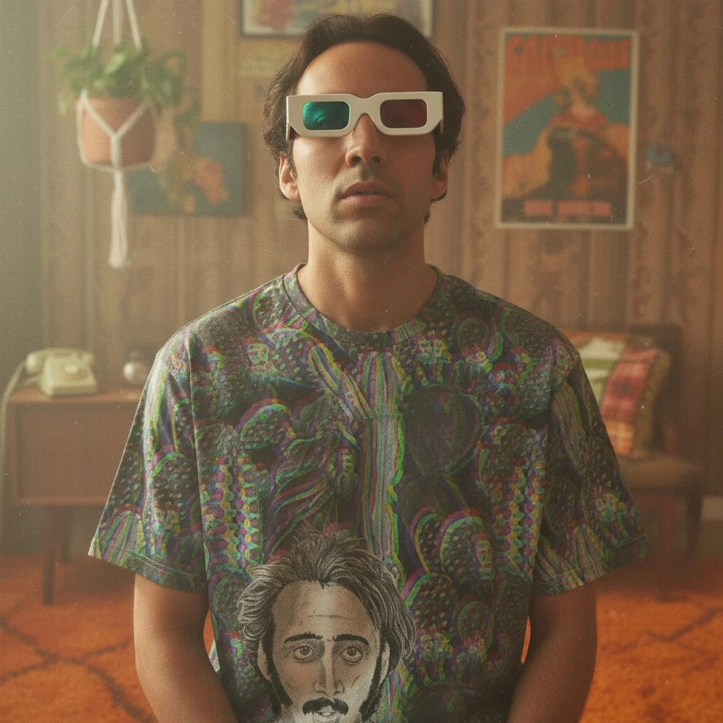 Retro 3D Grayscale Nicolas Cage Cactus Acid Trip 100% Cotton Tee
