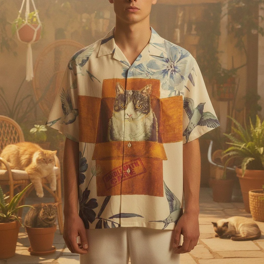 Handle With Care: Cat in a Box Watercolor Hawaiian Shirt