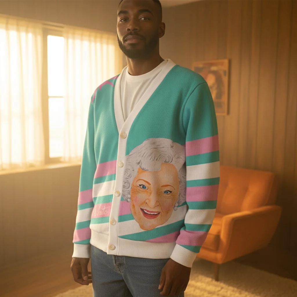 Betty White “Stay Golden” Miami Pink & Turquoise Corduroy Cardigan