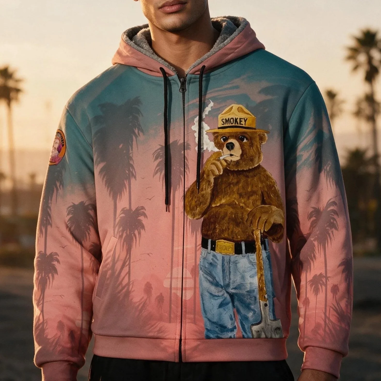 Smokey the Bear Tropical Sunset Scuba-Knit Fleece-Lined Hoodie Jacket