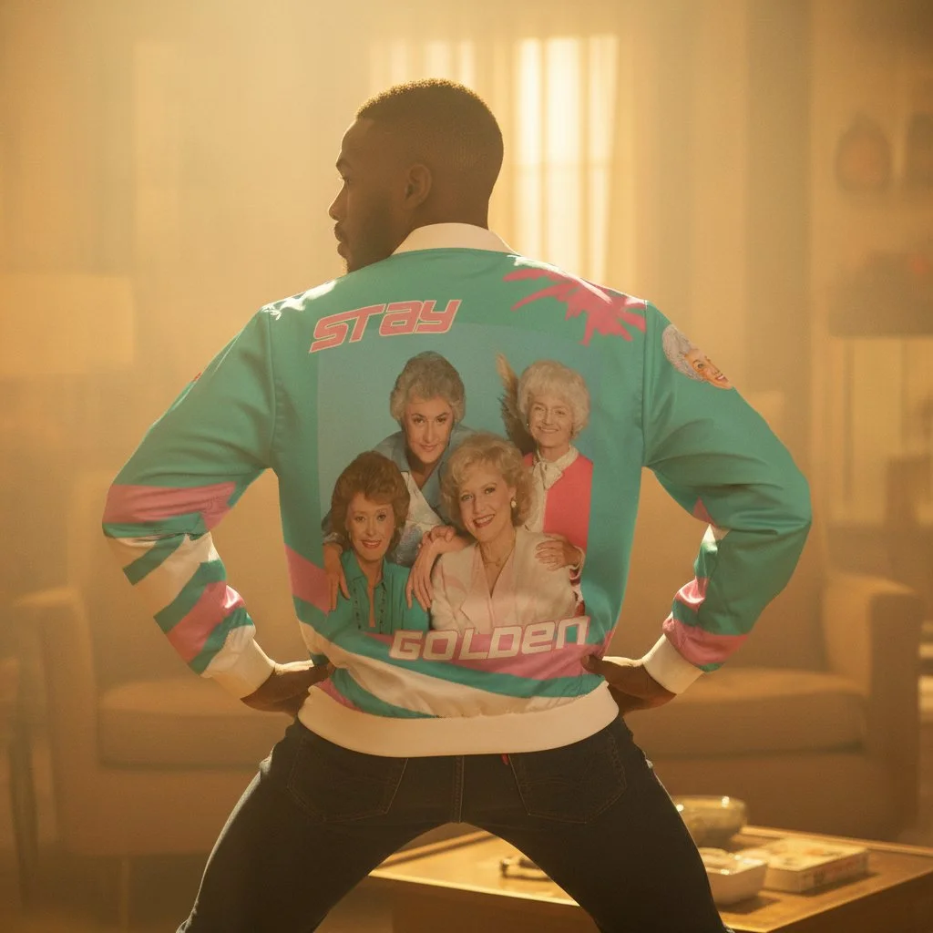 Betty White “Stay Golden” Miami Pink & Turquoise Watercolor Bomber Jacket