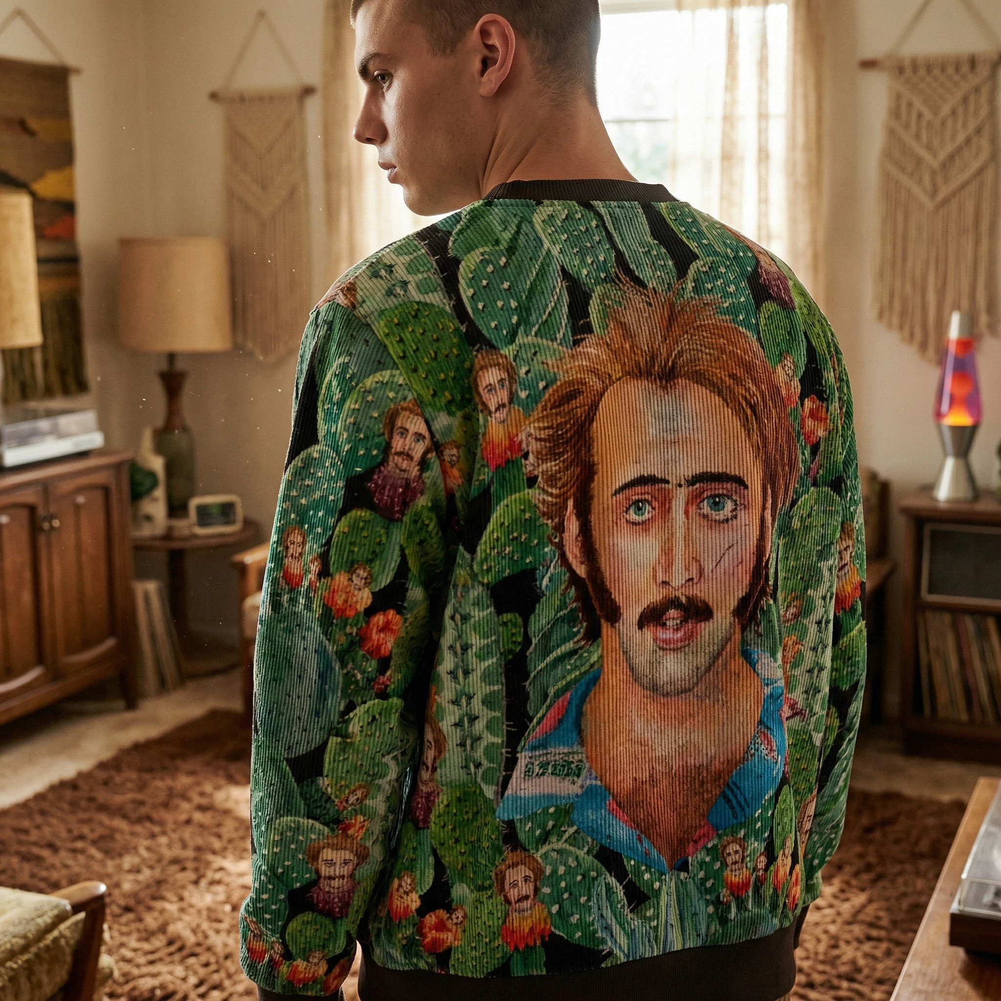 Nicolas Cage Raising Arizona Cactus Acid Trip Corduroy Cardigan