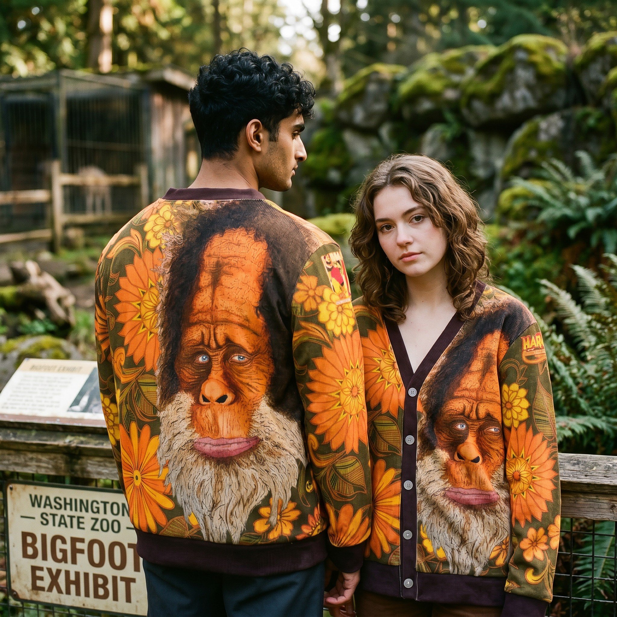 Man and woman wearing matching corduroy cardigan featuring Harry from Harry & the Hendersons alongside a warm vintage floral pattern.