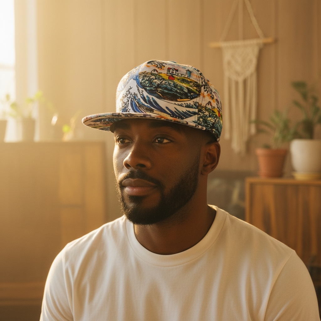 The Great Wave Off Nubble Lighthouse Wearable Watercolor Flat Bill Cap - Japanese Great Wave At York Beach Maine Artisan Hats