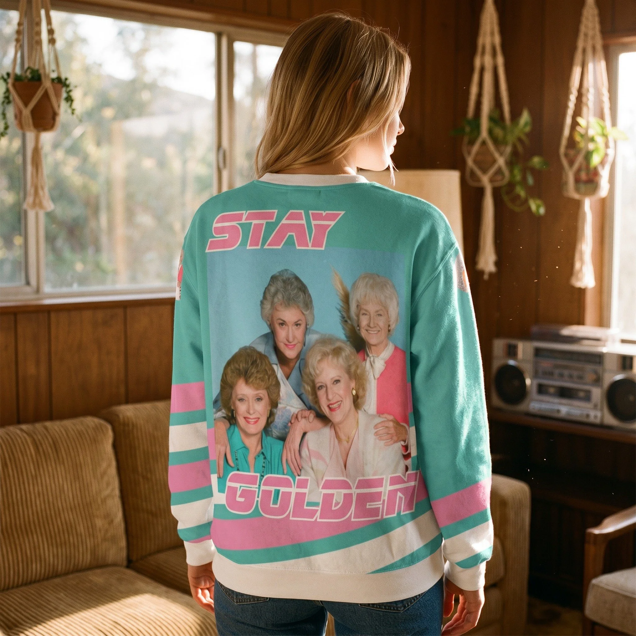 Betty White “Stay Golden” Miami Pink & Turquoise Retro Crewneck Sweatshirt