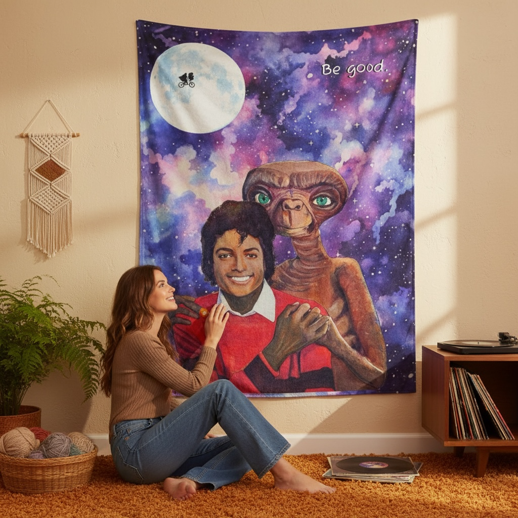 Michael Jackson & E.T. Cosmic Velveteen Plush Blanket - MJ & ET Galaxy Throw Blankets