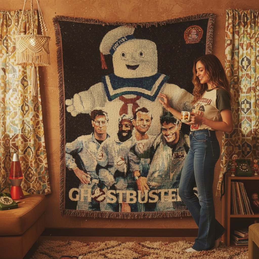 80s Ghostbusters Woven Blanket - Cozy Nostalgic Stay Puft Marshmallow Man Retro Throw
