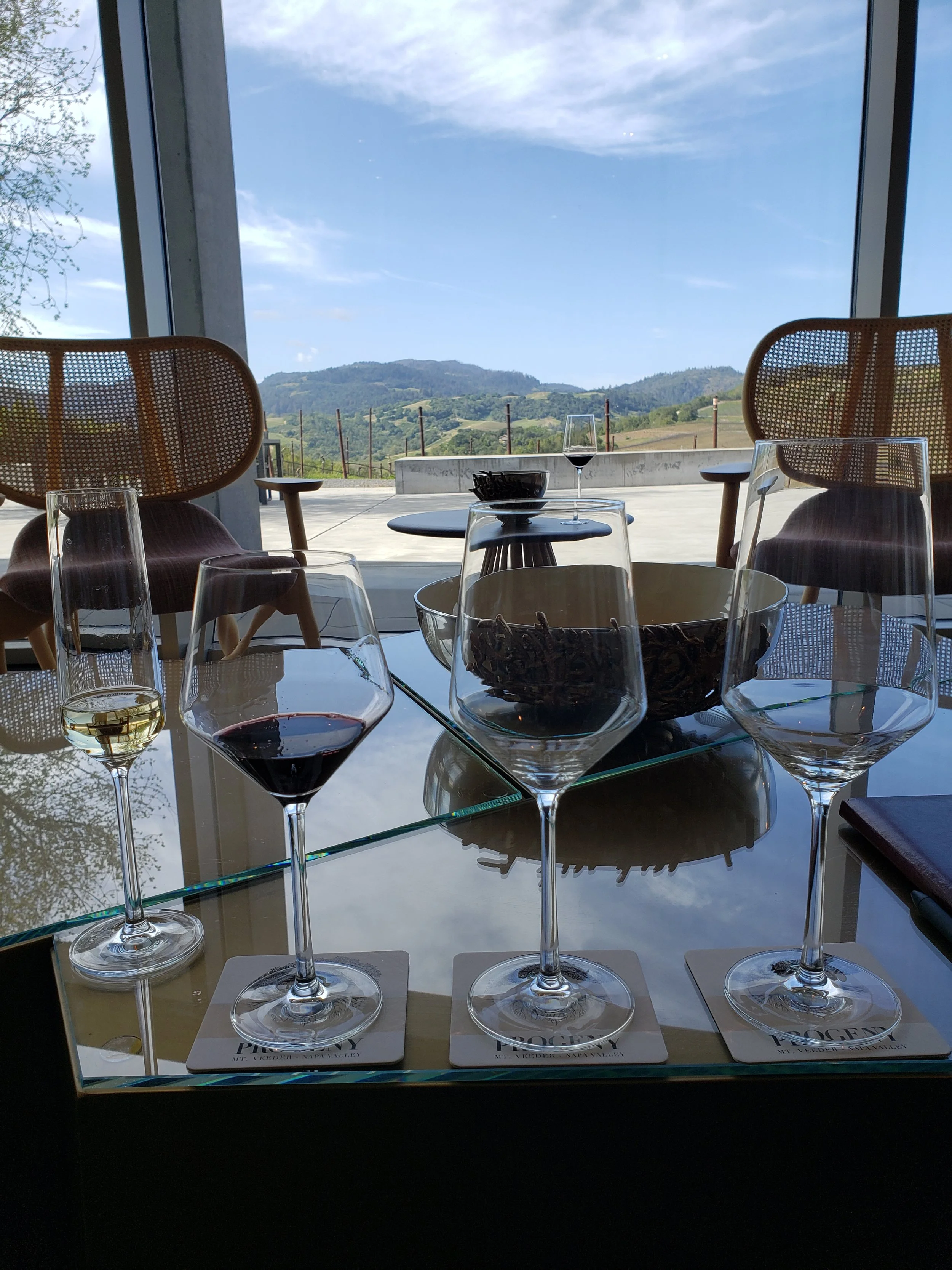 A table with four wine glasses, two filled with white wine and two with red wine, placed on a reflective glass surface. In the background, two brown chairs with dotted backs, a bowl, and a glass of red wine are visible with a scenic view of mountains