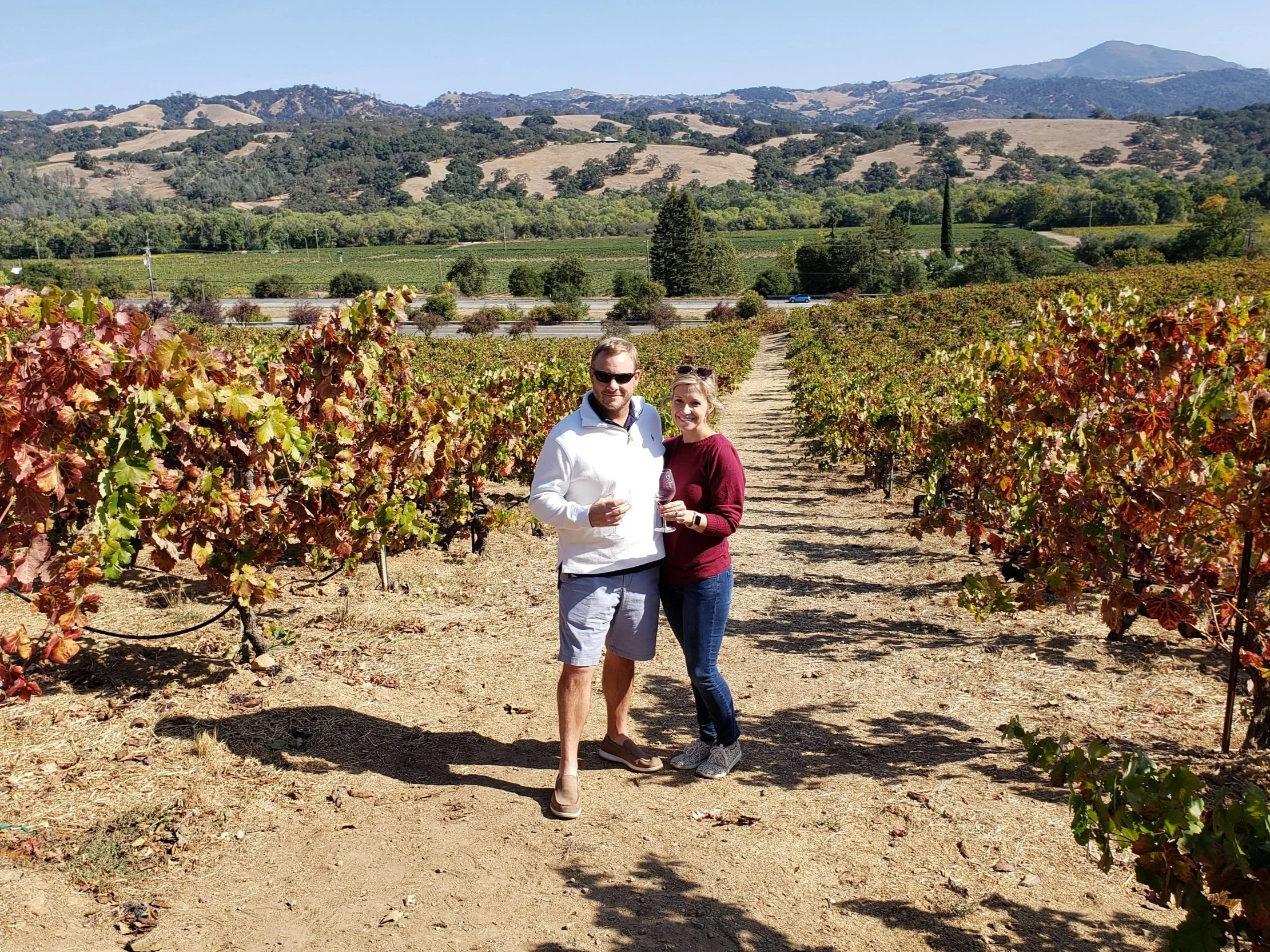 A couple standing between rows of grapevines in a vineyard, holding glasses of wine, with a backdrop of rolling hills and mountains under a clear blue sky.