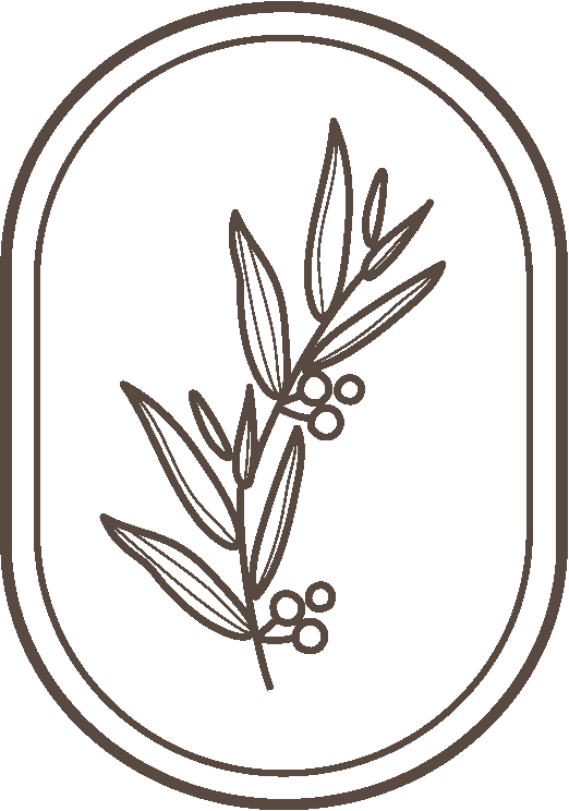Line drawing of olive branch with leaves and berries inside an oval frame.