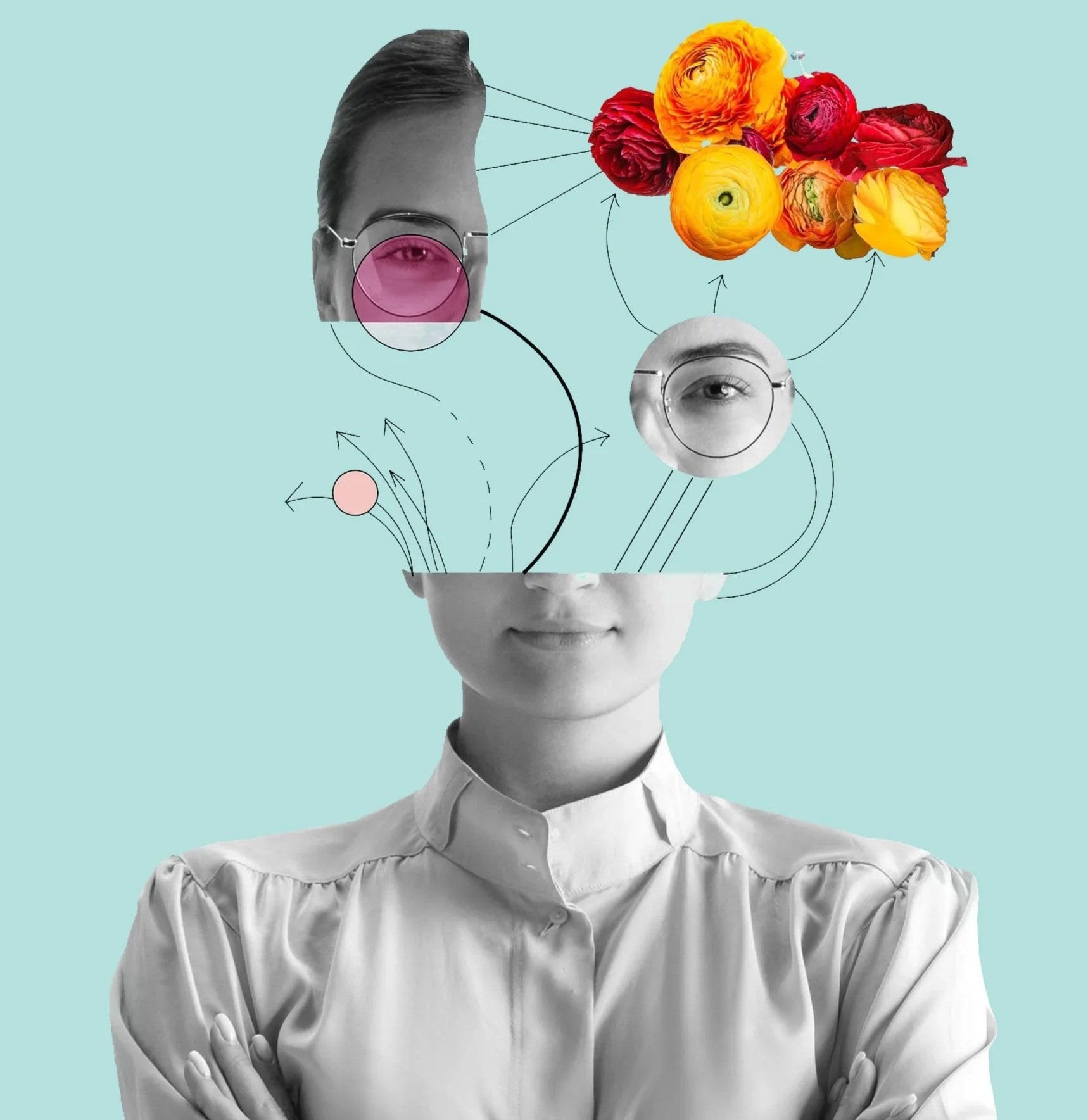 Surreal black & white photo of a face split up with flowers
