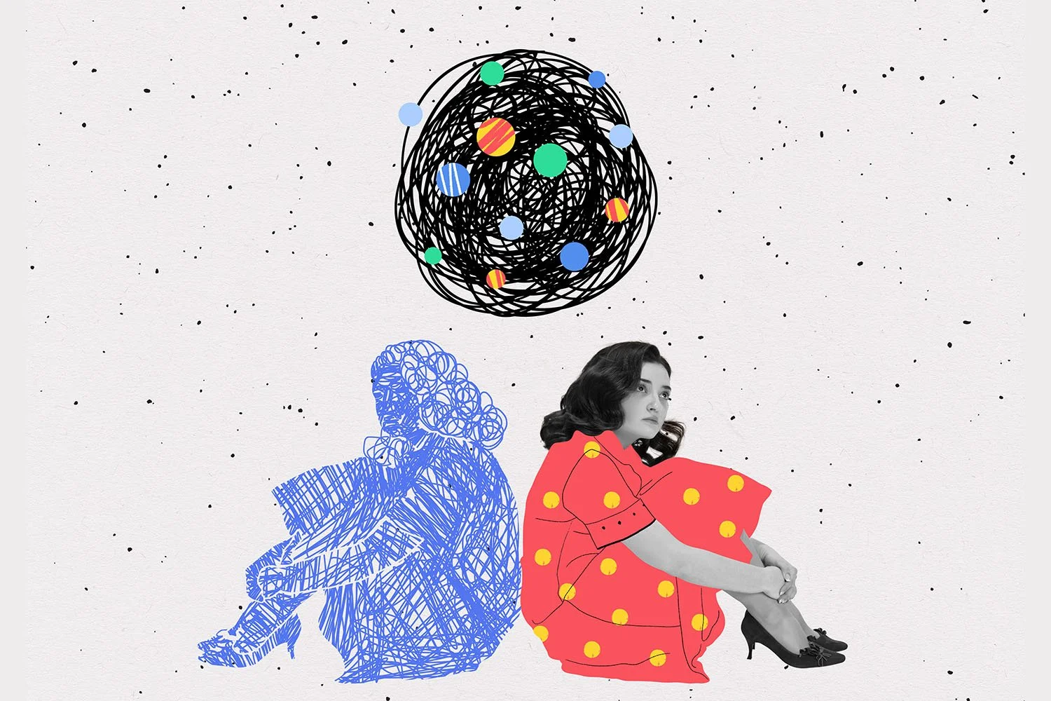 Two people sitting underneath a scribble world