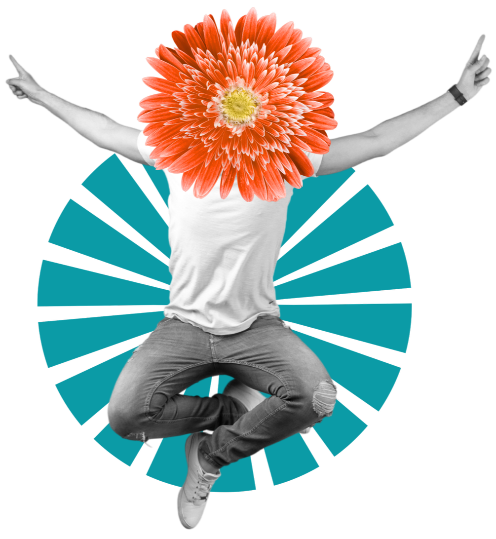 Black & white photo of a man jumping, with a flower for a head