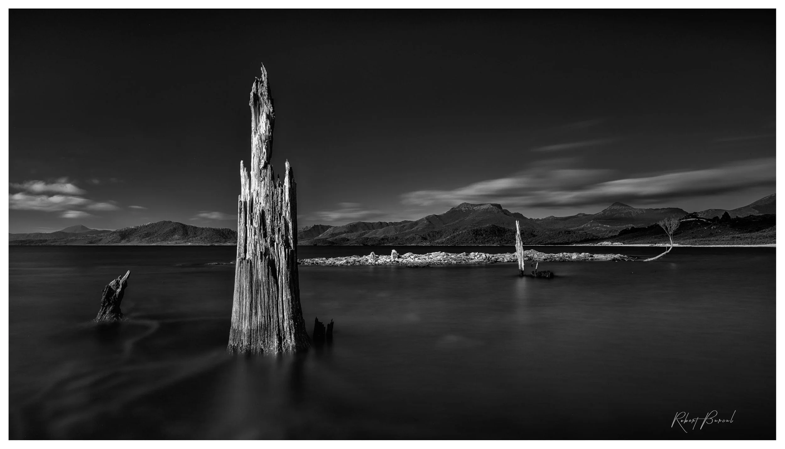 Black and white photograph of a tall, weathered tree stump rising from still water beneath a dark, clouded sky.