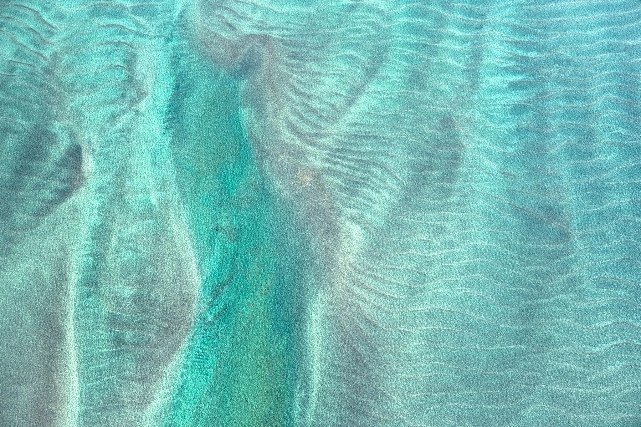 &lsquo;Shallow Silk&rsquo;, 2026
If the ocean decided to become a textile, this is what it would make. Mint, teal, aqua &mdash; shimmering like bolts of silk or satin. Sand swirling beneath the surface, a whole secret world hiding under all that subt