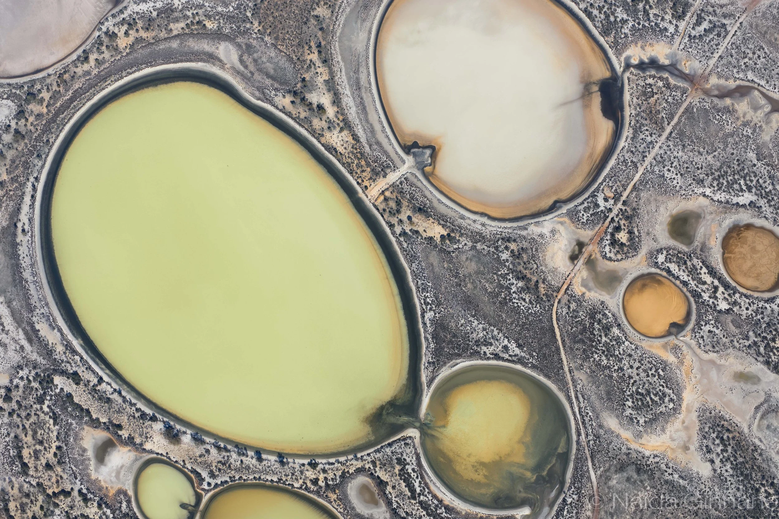 Balloon Springs — Aerial fine art photograph of a large chartreuse oval pond beside a pale cream circular pool, surrounded by mottled charcoal and rust-toned terrain; organic rounded forms in a soft, earthy palette suited to contemporary or nature-in