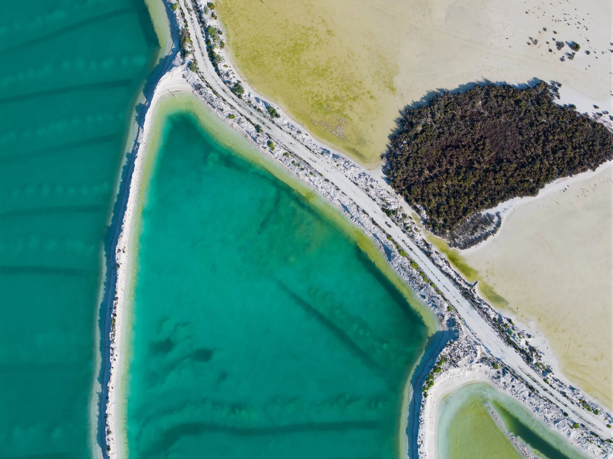 The Crossing 3 — Aerial fine art photograph of jade-teal water rippling beside a white causeway, golden grassland and dark shrub land framing the edge; layered blue-green and earth tones suited to a calming, nature-inspired living space.