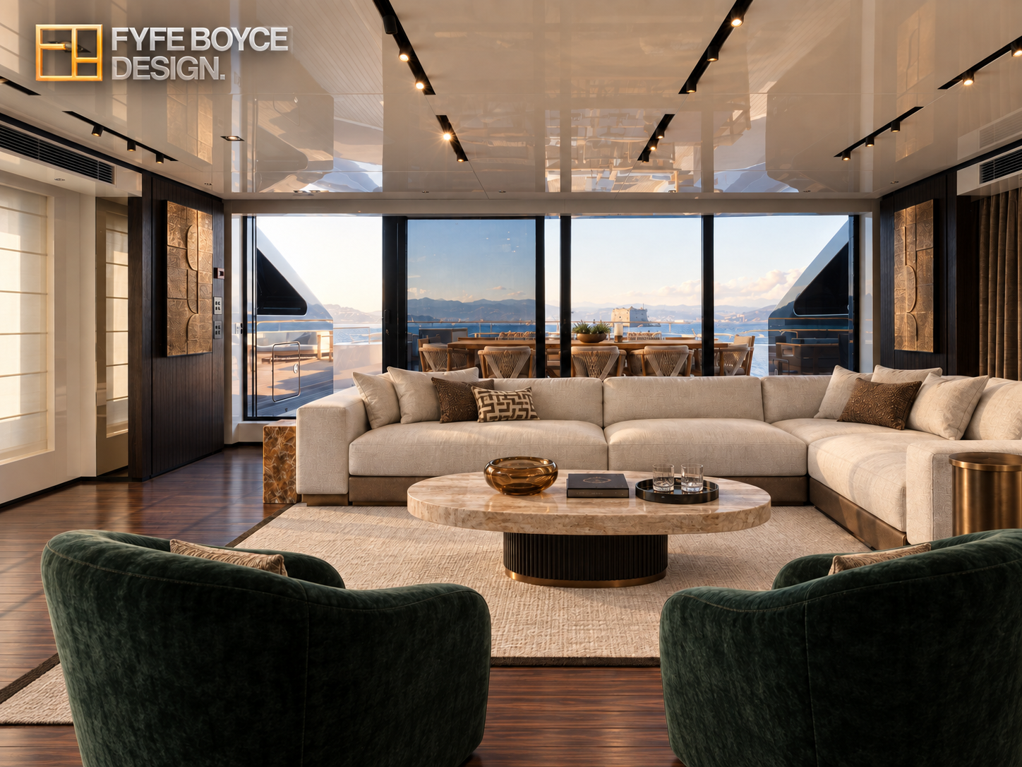 Lucky Me yacht saloon concept with a cream sofa, dark green armchairs and an oval stone coffee table.