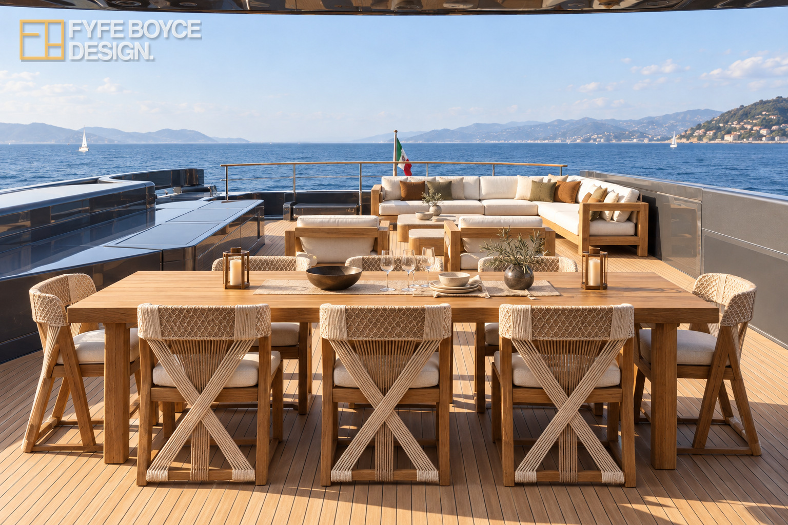 Lucky Me yacht concept: timber dining table, woven chairs and cream lounge seating on the aft deck.