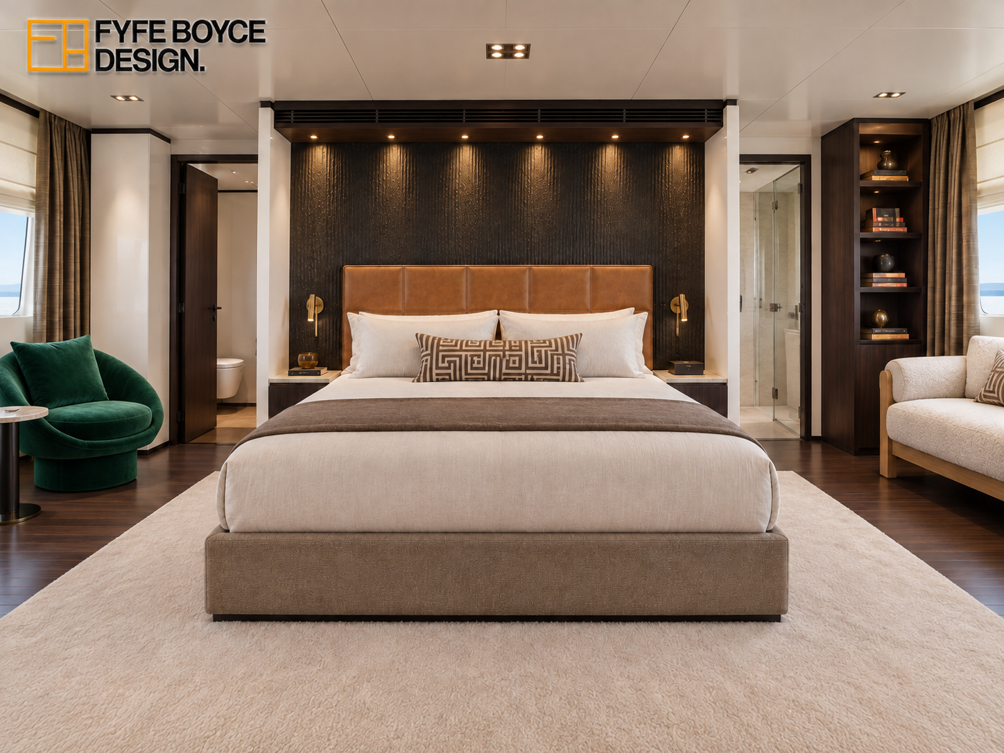 Lucky Me bedroom concept with a tan upholstered headboard, dark timber wall and cream bedding.