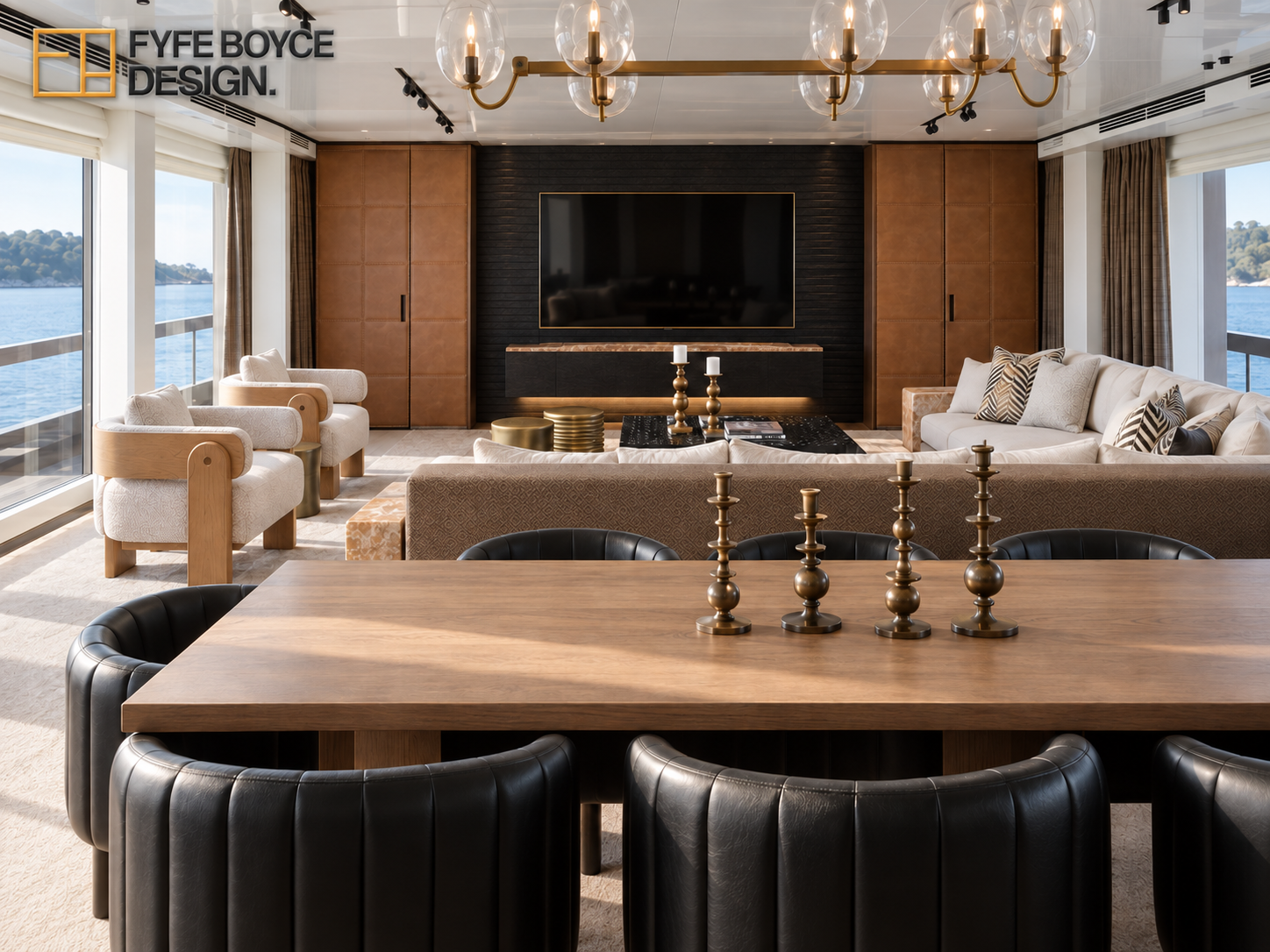 Lucky Me yacht dining and lounge concept with a timber table, black dining chairs and a glazed brass pendant.