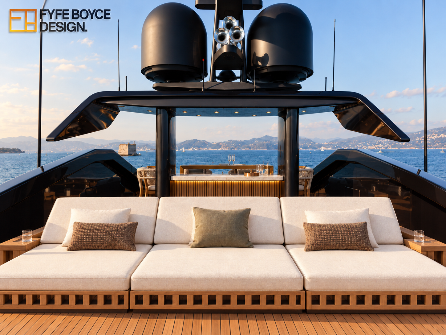 Lucky Me sun-deck concept with cream cushioned timber seating and an illuminated bar overlooking the sea.